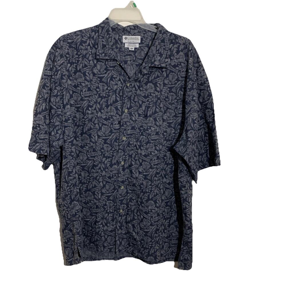 Columbia Sports Camp Shirt Mens Xxl Blue Floral Palm Leaf Leaves Aloha Hawaiian